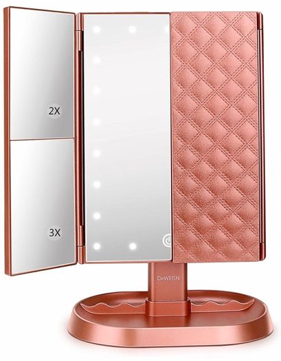 Makeup Mirror, Lighted Vanity Mirror with 1x/2x/3x Magnification, 21 LED Portable Trifold Mirror Touch Screen Dimming Dual Power, Illuminated Cosmetic Mirror for Countertop (MULTIPLE COLOURS)