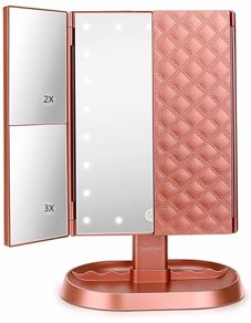 Makeup Mirror, Lighted Vanity Mirror with 1x/2x/3x Magnification, 21 LED Portable Trifold Mirror Touch Screen Dimming Dual Power, Illuminated Cosmetic Mirror for Countertop (MULTIPLE COLOURS)