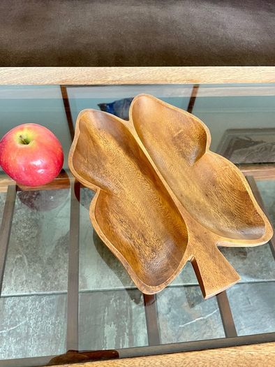 Vintage Teak Wood Serving Butterfly Leaf Shaped Bowl Two Section Tray