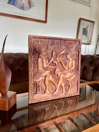 Vintage Hand Carved Deep Relief Large Wooden Wall Art Panel Tribal Village Scene Story Board