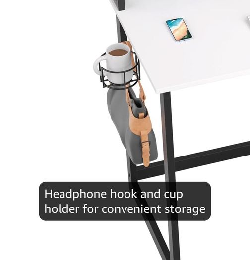 Computer Desk with Full Monitor Stand,120 cm Home Office Desk with Reversible Storage Shelves,Small Study Desk with Headphone Hook and Cup Holder,White