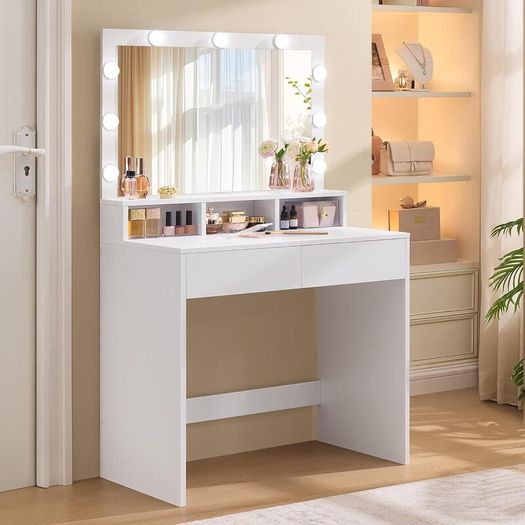 LED Dressing Table with LED Lighting, Vanity Table with Mirror, Adjustable Brightness, 2 Drawers and 3 Open Compartments