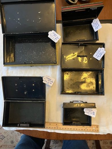Vintage cash boxes. Various sizes. Some with working locks and keys.