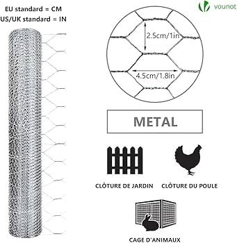 Chicken Wire Mesh Roll, Galvanized Hexagonal Wire Mesh Fencing, Wire Poultry Netting, 1m x 50m, Hole Size: 25mm, Silver