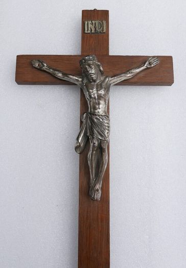 Vintage Wall Hanging Crucifix Wood Cross Heavy Metal Jesus length 12"