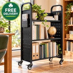 Heavy Duty Rolling Library Book Cart 3 Tier Mobile Book Trolley with Lockable Wheels 150kg Capacity Black