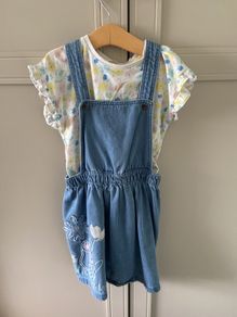 M&S 2 piece denim pinafore & floral tshirt