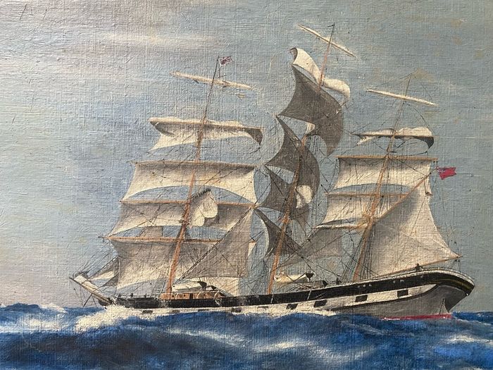 oil on board Vintage 1926 British School Marine Oil Painting Full-Rigged Sailing Ship in Rough Seas, Signed H.T.M.L.