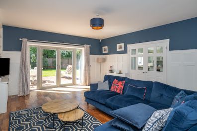 Large DFS Navy Velvet Corner / Chaise Sofa