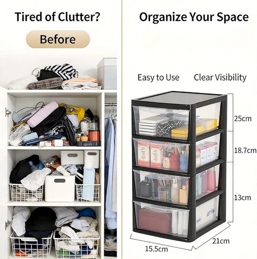 4 Drawer Large Plastic Storage Unitr,Sturdy Drawer Tower Organizer, Home Office School Kids Toy Bedroom Storage Solution, With See Through Drawers for Home Office Crafts Black Clear