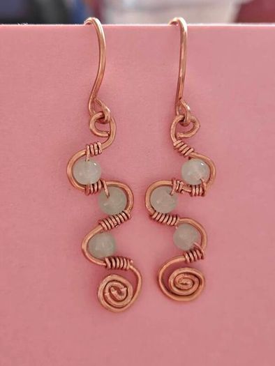Handmade Copper Wire Wrapped Earrings, Milky Glass Beads, Boho Spiral Dangles