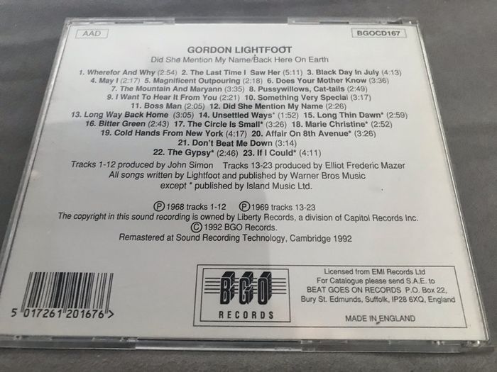 Gordon Lightfoot - Did She Mention My Name/Back Here On Earth    CD