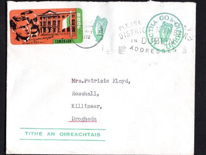 1972 Ireland Prepaid Oireachtas envelope with 1922-1971 Michael Collins and Arthur Griffith commemorative postage labels depicting Collins and Griffith before the GPO with "Comoradh (Commemorate) 1922" tying "Please shew district numbers in Dublin address