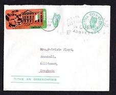 1972 Ireland Prepaid Oireachtas envelope with 1922-1971 Michael Collins and Arthur Griffith commemorative postage labels depicting Collins and Griffith before the GPO with "Comoradh (Commemorate) 1922" tying "Please shew district numbers in Dublin address