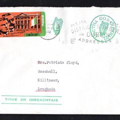 1972 Ireland Prepaid Oireachtas envelope with 1922-1971 Michael Collins and Arthur Griffith commemorative postage labels depicting Collins and Griffith before the GPO with "Comoradh (Commemorate) 1922" tying "Please shew district numbers in Dublin address