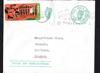 1972 Ireland Prepaid Oireachtas envelope with 1922-1971 Michael Collins and Arthur Griffith commemorative postage labels depicting Collins and Griffith before the GPO with "Comoradh (Commemorate) 1922" tying "Please shew district numbers in Dublin address