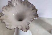 Fenton light  gray glazed pottery  Vase with Ruffled silver Crest signed and in very good condition.