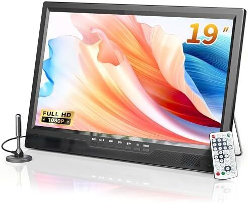 19 Inch Portable TV with Antenna, 1080P Small TV with Rechargeable Battery, HDMI AV Input, USB Port, Outdoor with Built-in Stand, 12V tv for campervan/bedroom/kitchen/camping/motorhomes