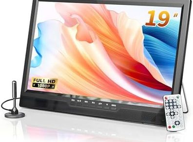 19 Inch Portable TV with Antenna, 1080P Small TV with Rechargeable Battery, HDMI AV Input, USB Port, Outdoor with Built-in Stand, 12V tv for campervan/bedroom/kitchen/camping/motorhomes