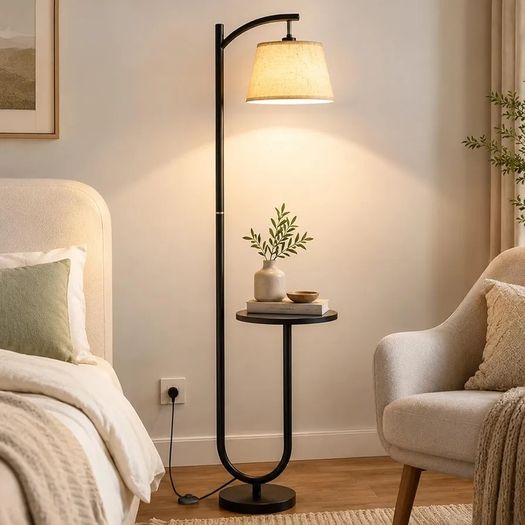 Floor Lamp with Shelf, 160cm, 3 Light Colours, E27 60W Vintage shelf lamp with 120 adjustable head, foot switch, linen shade, E27 up to 60W for home & office