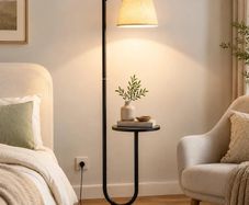 Floor Lamp with Shelf, 160cm, 3 Light Colours, E27 60W Vintage shelf lamp with 120 adjustable head, foot switch, linen shade, E27 up to 60W for home & office