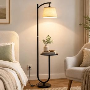 Floor Lamp with Shelf, 160cm, 3 Light Colours, E27 60W Vintage shelf lamp with 120 adjustable head, foot switch, linen shade, E27 up to 60W for home & office