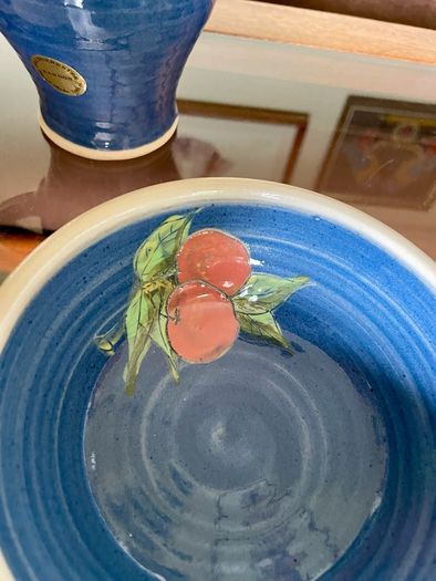Vintage R and J Forrester Bandon Pottery Ireland Jug Sugar Bowl Plate Cobalt Blue Fruits Design