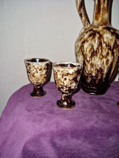 1950's French glazed ceramic wine jug and goblets
