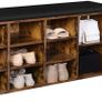 Shoe bench, storage cupboard, shoe rack with 9 open compartments and a cupboard, with upholstery, 110 x 30 x 48 cm, rustic door, vintage brown Image 4