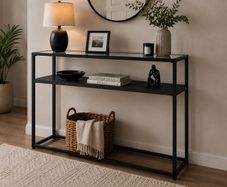 Modern Black Glass Console Table with Storage Shelf