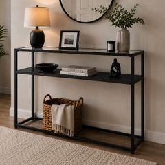 Modern Black Glass Console Table with Storage Shelf