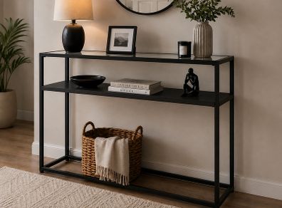 Modern Black Glass Console Table with Storage Shelf