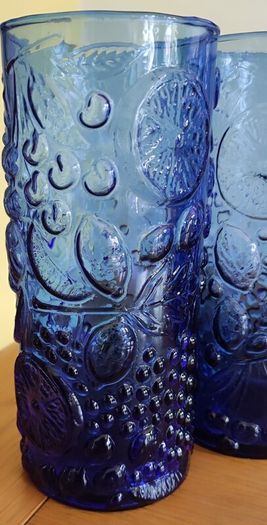 Set Of 5 Vintage Blue Fruit Embossed Design Tumblers / 5 glasses / Neiman Marcus / 1970s