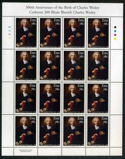 2007 Ireland 150th 300th Anniversary of the Birth of Charles Wesley (Founder of Methodism) Commemorative Stamp Sheetlet Plate 1B1B1B1B Mint Never Hinged (MNH)
