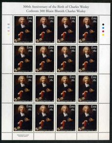 2007 Ireland 150th 300th Anniversary of the Birth of Charles Wesley (Founder of Methodism) Commemorative Stamp Sheetlet Plate 1B1B1B1B Mint Never Hinged (MNH)