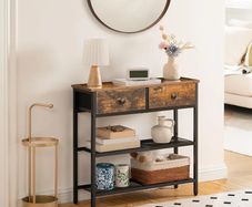 Console Table, Slim Console Table with 2 Non-woven Drawers, Hallway Table with Storage, Slim Sofa Table for Small Spaces, Living Room, Entryway, Kitchen, Rustic Brown and Black