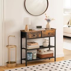 Console Table, Slim Console Table with 2 Non-woven Drawers, Hallway Table with Storage, Slim Sofa Table for Small Spaces, Living Room, Entryway, Kitchen, Rustic Brown and Black