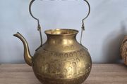 Vintage Etched Brass Teapot with Wooden Handle, Decorative Gold Teapot