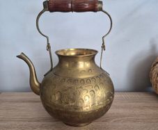 Vintage Etched Brass Teapot with Wooden Handle, Decorative Gold Teapot