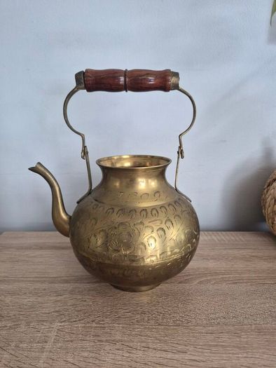 Vintage Etched Brass Teapot with Wooden Handle, Decorative Gold Teapot