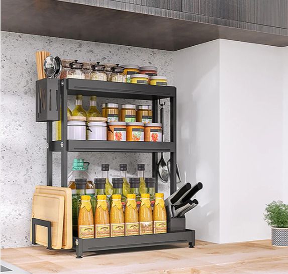 BRAND NEW Seasoning Jars Bottle Shelf Kitchen Organizer Storage Holder 2 Layers Black