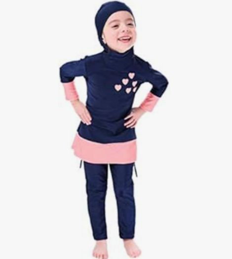 Brand New Swimming costume. 2 piece set swimsuit. Top with attached cap + trouser