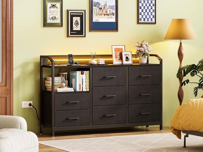 Black Chest of Drawers Bedroom, 8 Large Fabric Drawers, 110x30x88
