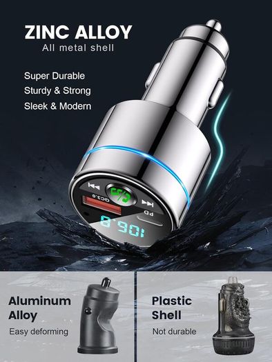 Bluetooth Car Adapter 5.3, Mohard All-Metal PD 30W & QC3.0 18W Fast Car Charger, Wireless FM Radio CarCigarette Lighter FM Transmitter for Car, Noise Cancelling Hands-Free Call Hi-Fi Music, Ring Light