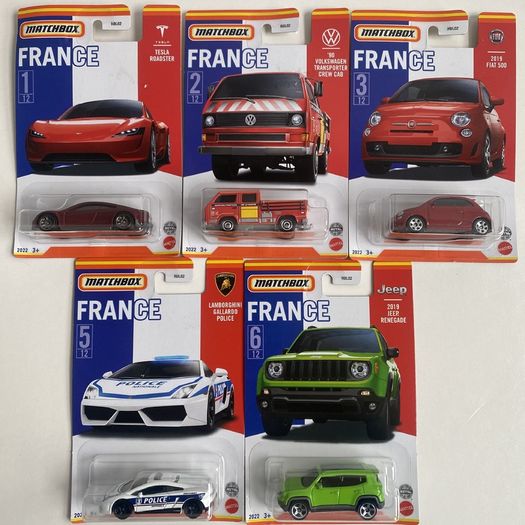 Tesla Roadster, VW Transporter, Fiat 500, Lamborghini Gallardo, Jeep Renegade - Stars of France 2022 Assortments - Exclusive Matchbox