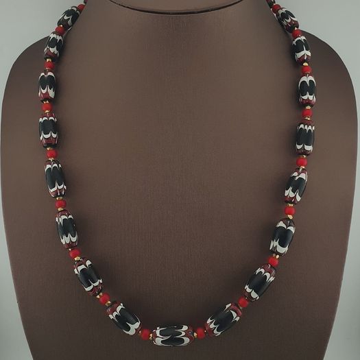 Antique Venetian Style Black Trade & Red Venetian Whiteheart Glass Beads Necklace