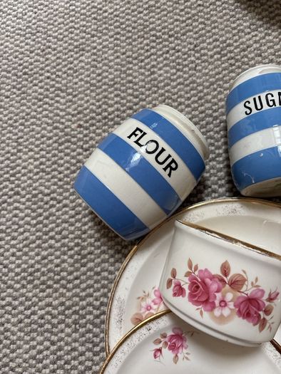 Vintage Carrigaline Pottery - 7 pieces- Blue Striped Jars, The Case Jug and other pieces