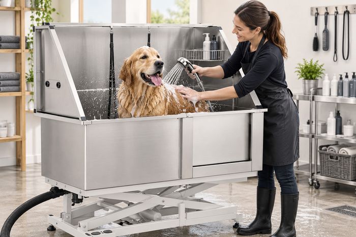 Stainless Steel Electric Dog Grooming Bath 127cm Height Adjustable Pet Wash Station with Right-Hand Door