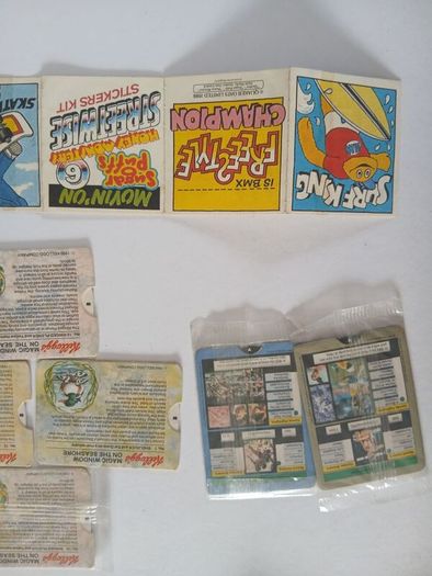 Scrace lot of 1980s retro cereal freebies . Kelloggs Rice crispies , sugar puffs stickers games and cards .