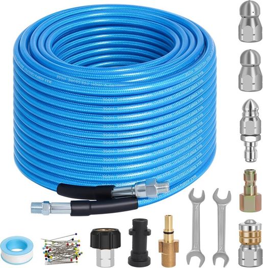 15M High Pressure Washer Hose Kit Compatible with Karcher K2-K7 Bosch Lavor Nilifisk Series Pressure Washer, 400Bar/5800PSI Sewer Jetting Hose Kit with 4 Adapters & 4 Nozzles, Kink Resistant
